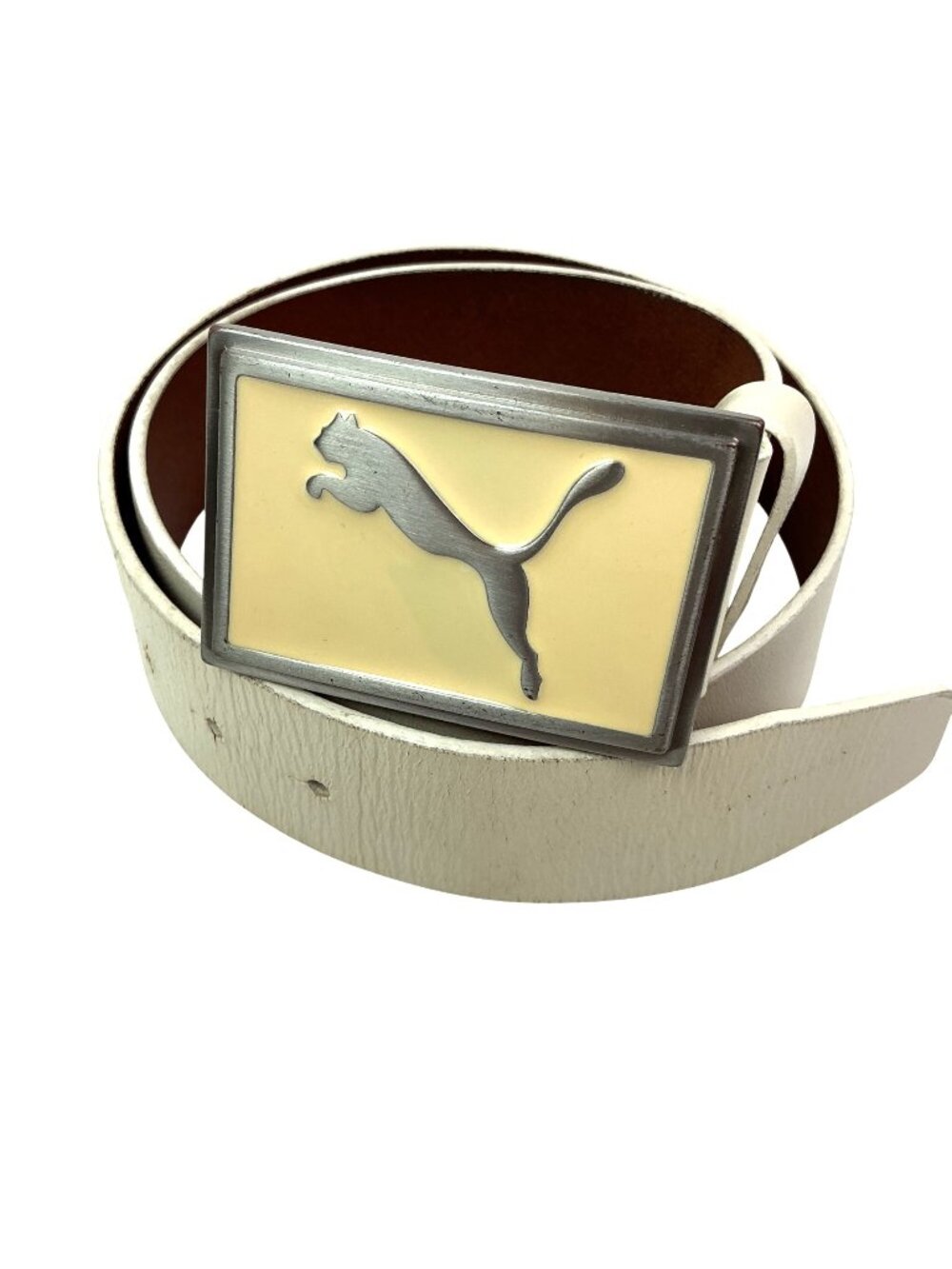 Puma Designer Golf Wide Leather Belt With Silver Logo Buckle Medium 90cm White
